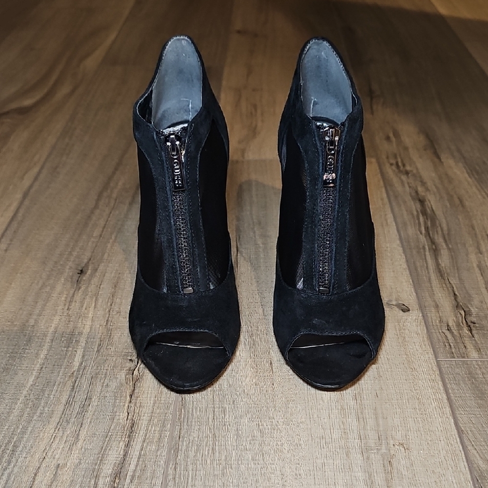 Guess 7.5 Black Suede Mesh Peep Toe Front Zip Ankle Stiletto Booties